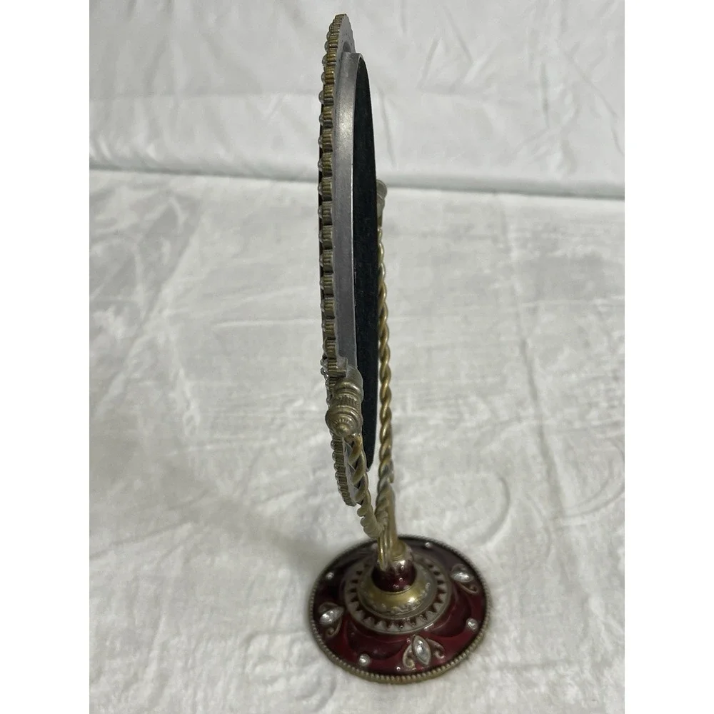 Tabletop Standing Vanity Mirror Enamel Rhinestone Pearl Granny Core Burgundy Red